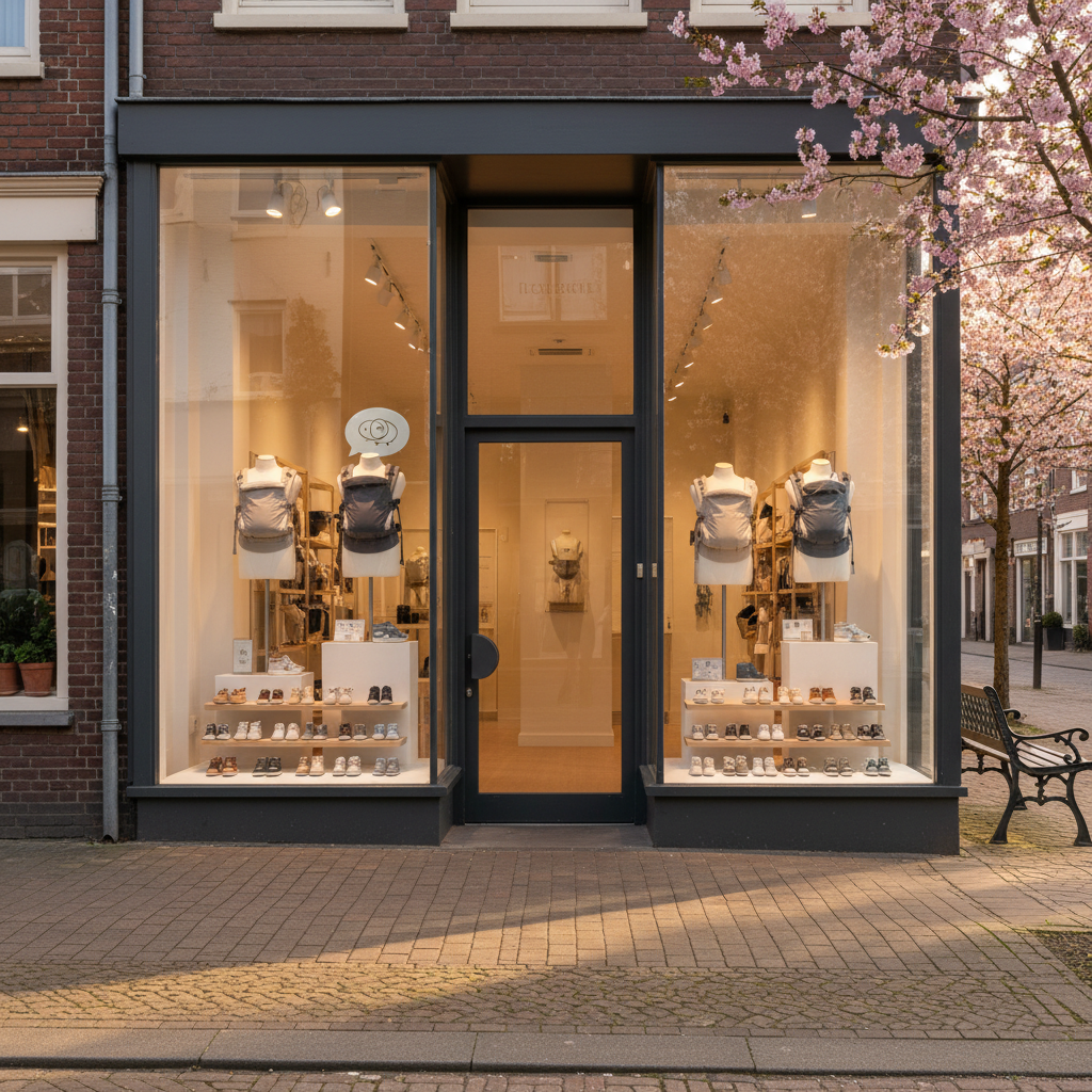 A clean, photographic storefront exterior of a baby carrier and first shoes specialty shop on a quiet street. The glass façade reveals softly lit interior displays of baby carriers on mannequins and small shoe shelves, without any readable text. A simple door with a metal handle and a small, non-textual sign near the entrance suggests business hours and consultation availability through icon-like symbols. Late afternoon natural light bathes the scene, reflecting gently off the glass and casting soft shadows on the pavement. Shot from eye level with a balanced composition, the storefront is centered while a portion of the sidewalk and neighboring building frame the scene. The mood is welcoming and professional, clearly indicating this is a dedicated childcare products consultation and retail space.