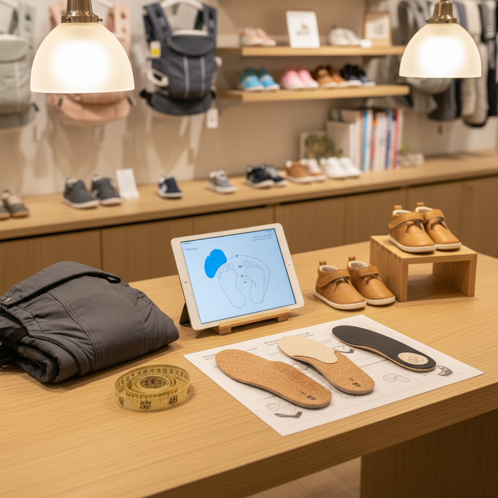 A photographic scene of a consultation desk in a babywearing and first shoes specialty store, with informational materials and tools neatly arranged. On the light wooden desk sits an open tablet showing an abstract sizing diagram, a flexible measuring tape coiled beside it, and sample insoles and shoe models demonstrating arch support and toe room. A baby carrier rests folded on one side, while a pair of first shoes in soft tan leather sits on a small stand. Overhead, soft pendant lighting creates a warm, focused glow on the work surface, with the background of shelves and displays slightly blurred. Shot from a slightly elevated angle, the composition draws attention to the consultation tools, conveying a precise, professional, and reassuring service atmosphere.