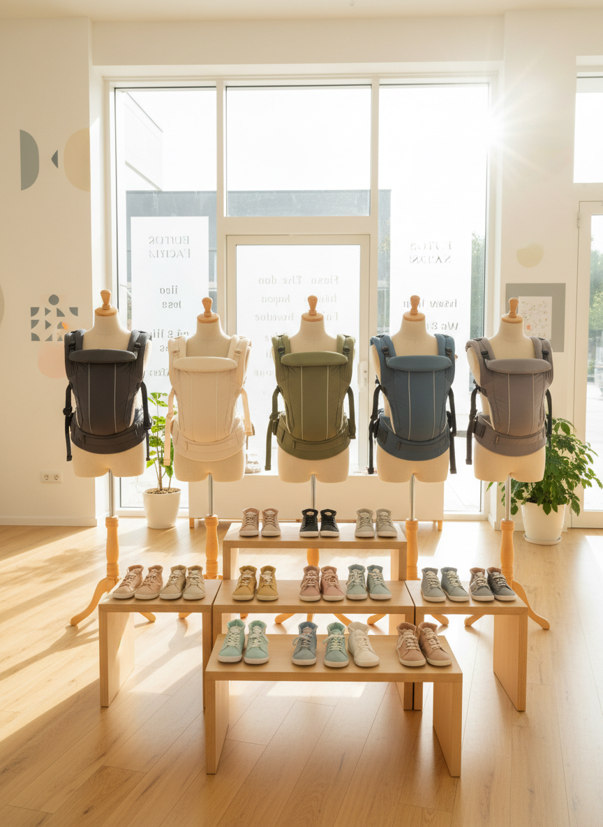 A wide photographic view of a bright, modern baby product consultation area inside a specialty store, showing multiple baby carriers on torso mannequins and assorted first shoes on low wooden displays. Mannequins of different sizes demonstrate front and hip carrying positions, each carrier adjusted to show correct fit around shoulders and waist. Nearby, small stands hold pairs of soft, flexible first shoes in neutral and pastel colors. Large windows let in soft afternoon light, creating a welcoming, professional atmosphere. The camera is slightly elevated, capturing the layout with clear, sharp detail throughout. Subtle signage elements without readable text hint at store services and hours, while the overall mood is organized, calm, and reassuring, emphasizing expert support for new families.