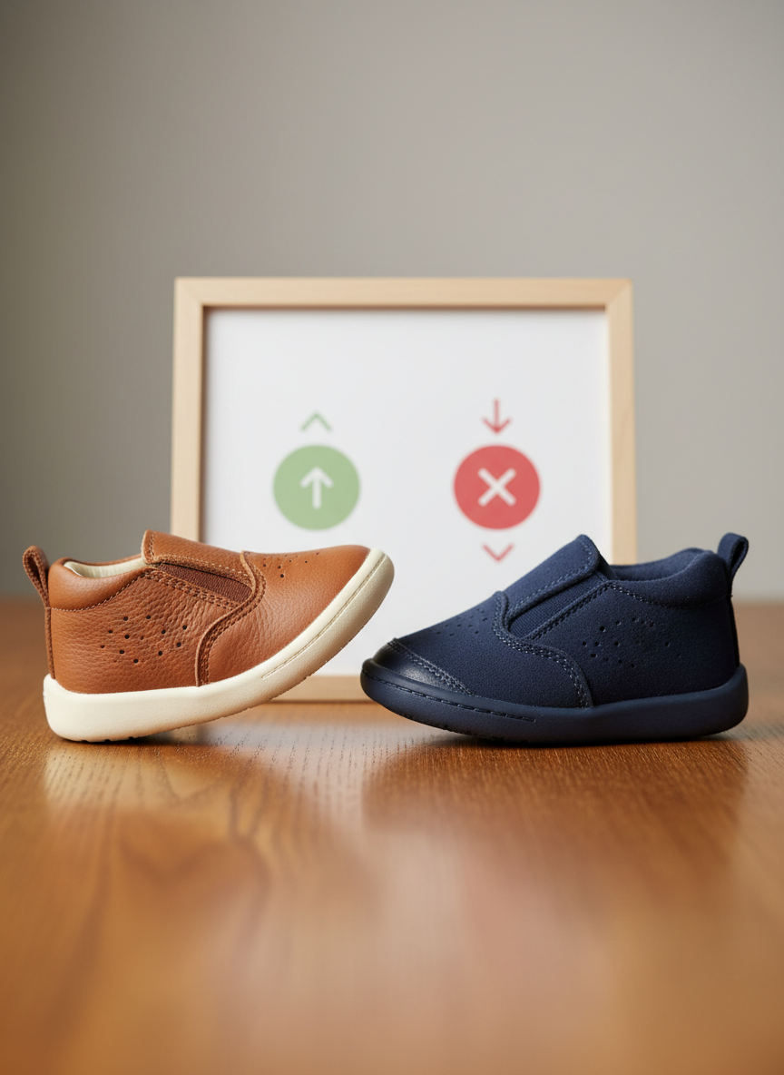 A photographic close-up of two contrasting first shoes on a polished wooden surface, designed to educate about proper fit and quality. One shoe has a soft, flexible sole that bends easily, a spacious rounded toe box, and breathable natural material, while the other appears stiffer with a narrow toe and rigid sole. A subtle, non-textual infographic-style card behind them uses simple shapes and colors to suggest “recommended” versus “not ideal” without any words. Directional soft studio lighting from the left emphasizes the textures and the flexibility difference, creating gentle shadows. Shot from a low angle at shoe level with shallow depth of field, the image feels instructional yet polished, supporting the store’s professional consulting role on choosing the right first shoes.