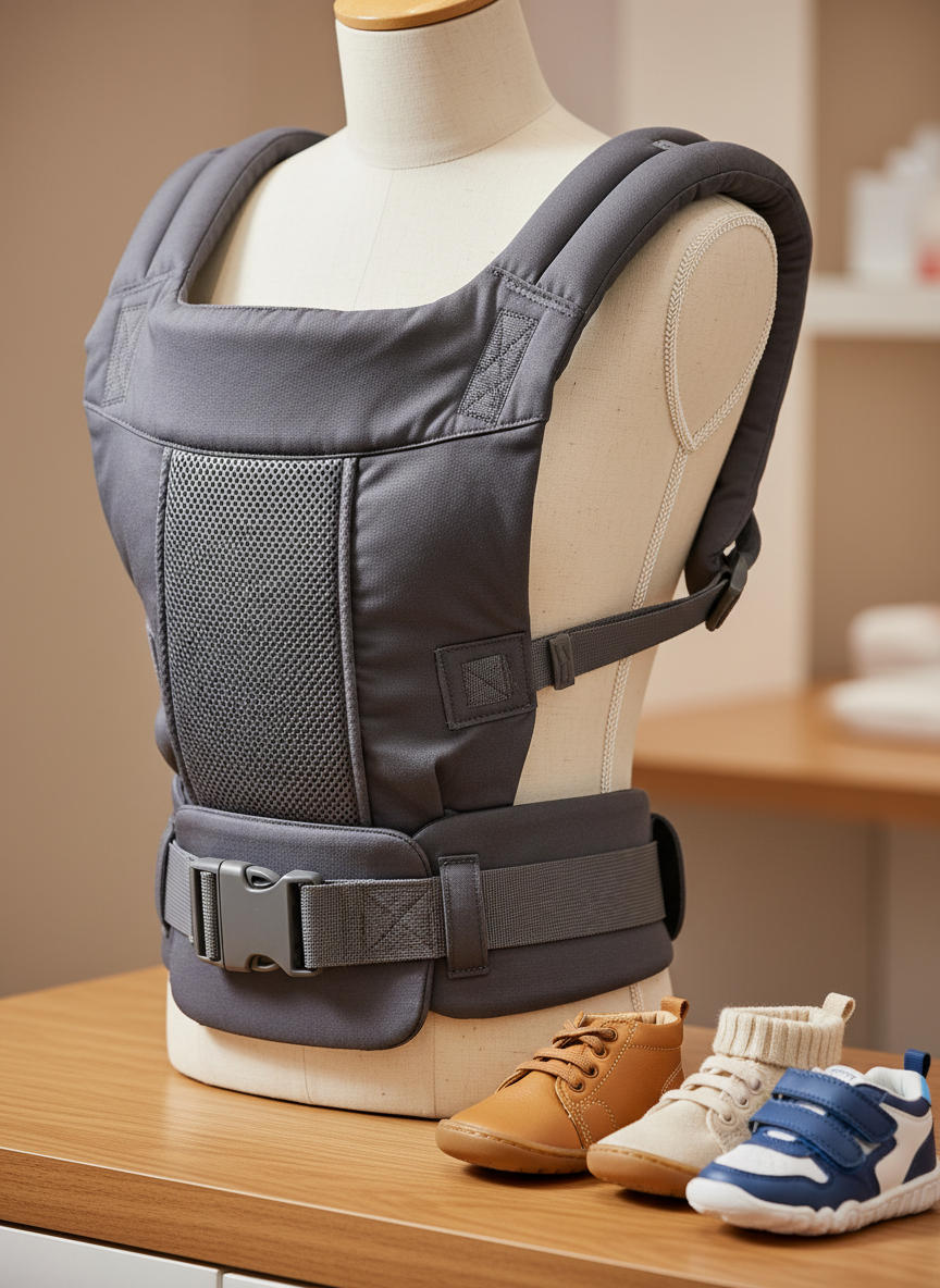 A detailed photographic close-up of a torso mannequin wearing a high-quality baby carrier, positioned beside a display of first shoes on a smooth wooden counter. The image focuses on the way the padded shoulder straps curve comfortably over the mannequin and how the waist belt is firmly fastened, with stitching and breathable mesh clearly visible. Next to it, three pairs of tiny shoes—one leather, one knit, one sporty—are lined up to show flexible soles and rounded shapes. Gentle studio lighting from the side highlights textures and contours, creating subtle shadows that emphasize fit and quality. Captured from a slightly angled perspective with a shallow depth of field, the background softly blurs into neutral tones, reinforcing a professional, product-focused atmosphere.