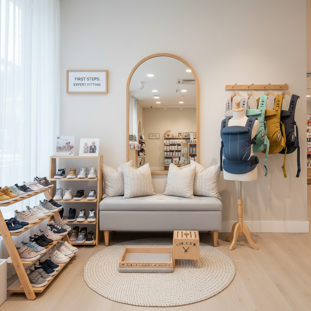 A photographic interior shot of a dedicated fitting corner in a baby product store, featuring a comfortable bench, a low rug, and a mirrored shoe-fitting area. On a nearby stand, multiple pairs of first shoes are arranged by size and style, clearly showing flexible soles and secure closures. Adjacent, a torso mannequin displays a baby carrier adjusted snugly, with extra carriers hanging neatly on a wall-mounted rail. Soft, diffused ceiling lights combine with gentle window light to create an even, flattering brightness. Captured at eye level with moderate depth of field, the composition leads the viewer from the fitting bench to the mirror and product displays, evoking a calm, thorough, and customer-focused consultation environment specialized in safe baby carriers and early-walk shoes.